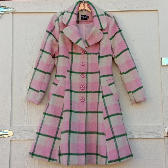 Hell bunny Millicent retro pink & green plaid peacoat womens sz small - Picture 2 of 15